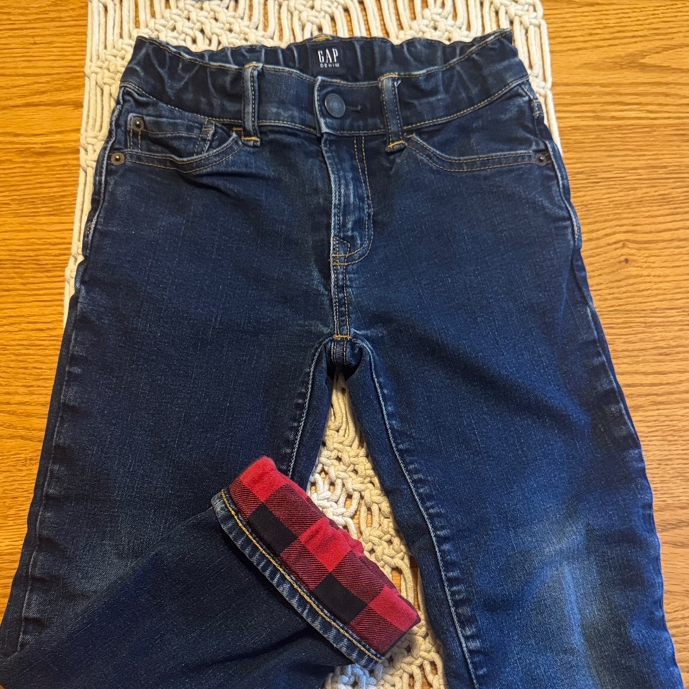 GAP Kids Dark Wash Jeans with Red Plaid Cuff